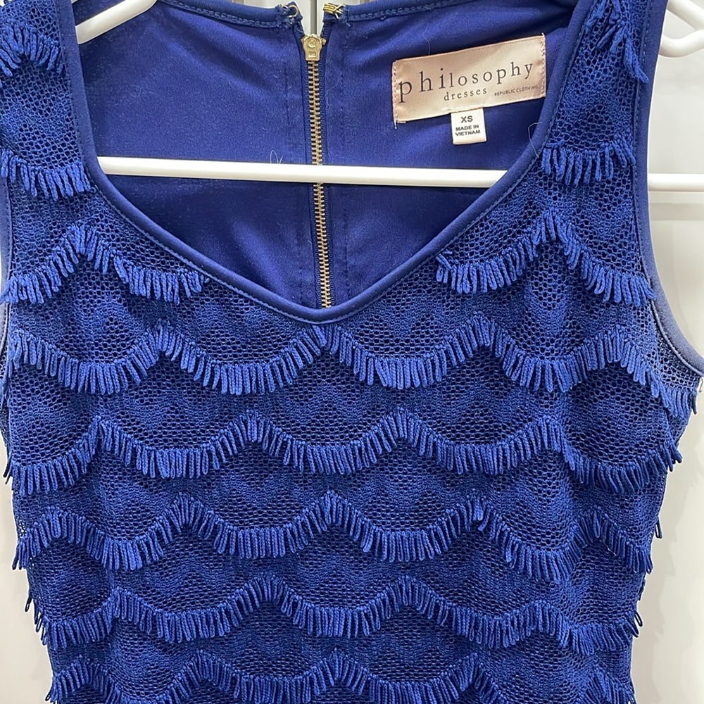 Royal Blue XS V-neck Dress with Fringy layers. So pretty but doesn’t fit anymore